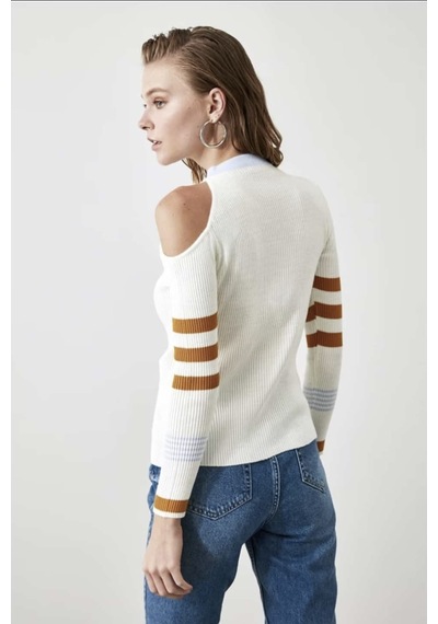 Omuz Pencere Detay Bluz Slim Fit Kemer Seviye Triko Kazak Ekru