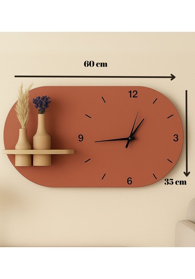 Modern Tasarım Raflı Nera Duvar Saati 60x35 Turuncu