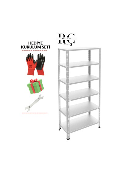 6 Katlı Galvaniz Çelik Raf - Depo, Arşiv, Kiler, Dosya, Market Rafı Hediye Setli