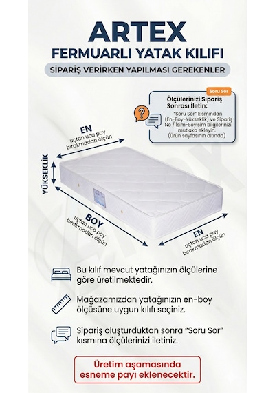 Artex Silverline Fermuarlı Yatak Kılıfı 150x200 Koruyucusu %100 Pamuklu Kılıf Özel Üretim Kapitone Çift Kişilik Çift Kişilik Beyaz