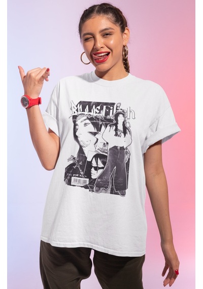 Sevbano Tasarım Billie Eilish Baskılı Unisex Oversize Şarkıcı Tişört Beyaz