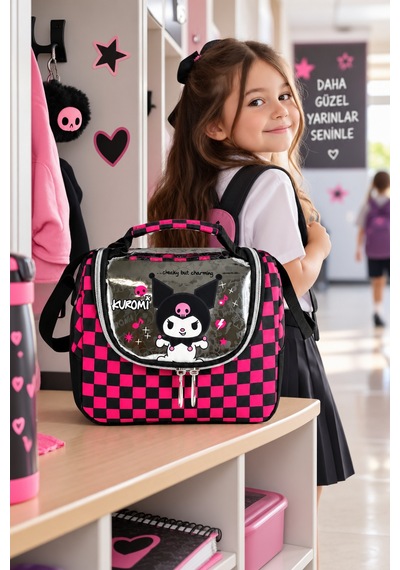 Kuromi Siyah Fuşya Termoslu Beslenme Çantası Çocuk Öğrenci Okul Yemek Çantası 24x22x14 Cm Çok Renkli