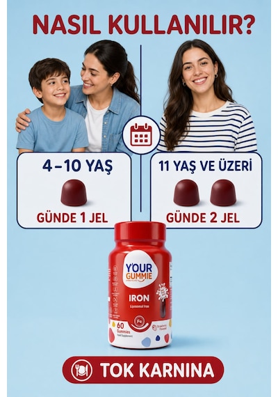Y'our Gummie Iron Lipofer Demir Takviyesi Çilek Aromalı 60 Çiğnenebilir Jel