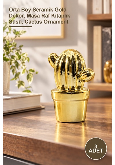 3 Adet Kaktüs Tasarımlı Dekoratif Biblo Orta Boy Seramik Gold Dekor, Masa Raf Kitaplık Süsü, Cactus Ornament 1