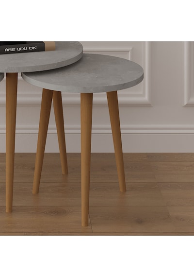Asra Trend 3'lü Yuvarlak Zigon Sehpa Takımı SEHPA01 %100 MDF Ahşap Ayaklı Retro Gri