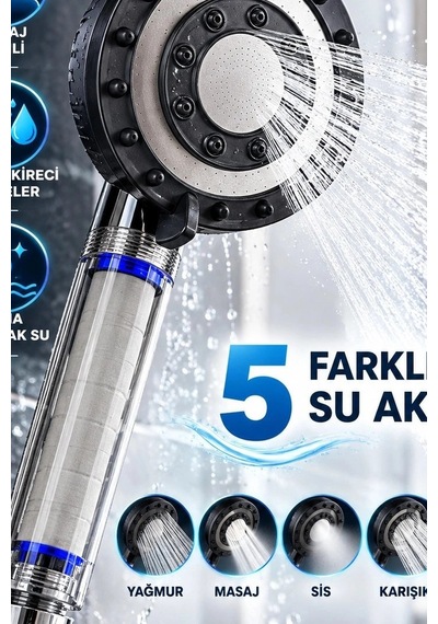 Filtreli Duş Başlığı 5 Fonksiyonlu Masaj Etkili Kireç Ve Klor Önleyici El Tipi Bx-316143 Diğer