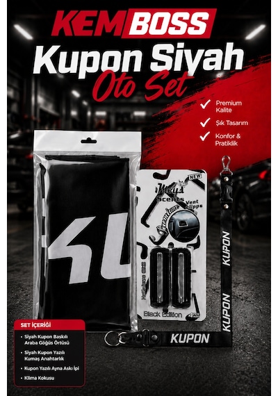 Kemboss Kupon Siyah Oto Seti Göğüs Örtüsü Black Edition Klima Kokusu Ayna Askı İpi Anahtarlık