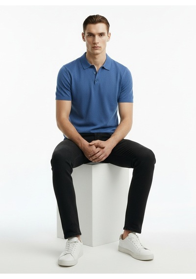 Alpha Studio Mavi Erkek Slim Fit Kazak Au-1041bs Cold Dye Polo Indigo