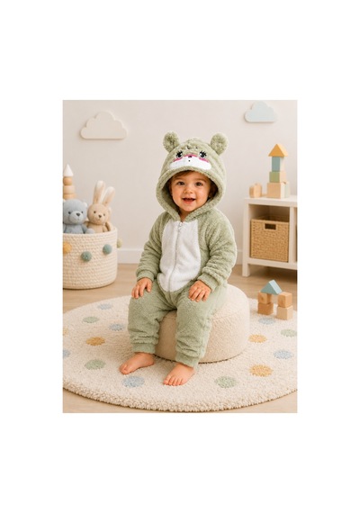 Tatlı Ayıcık Desenli Welsoft Peluş Kapüşonlu Fermuarlı Kışlık Unisex Bebek Tulumu 40197 Yeşil