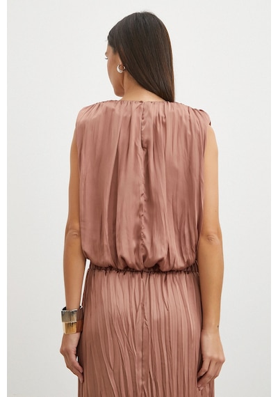 Uterpe Pileli Kolsuz Crop Bluz Tarçın