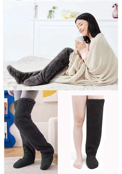 Sauna Suit Siyah Sock Peluş Uyku Çorabı Welsoft Diz Üstü Oda Çorabı Ayak Isıtıcı Uzun Gonç Çorap Siyah