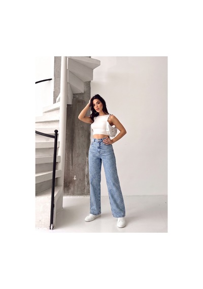 Kene Jeans Ön Taşlı Buz Kar Denim Wide Leg/bol Paça Pantolon Buz Kar