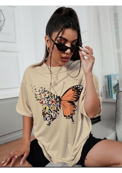 Kelebek Baskılı Oversize Unisex Tişört Taş