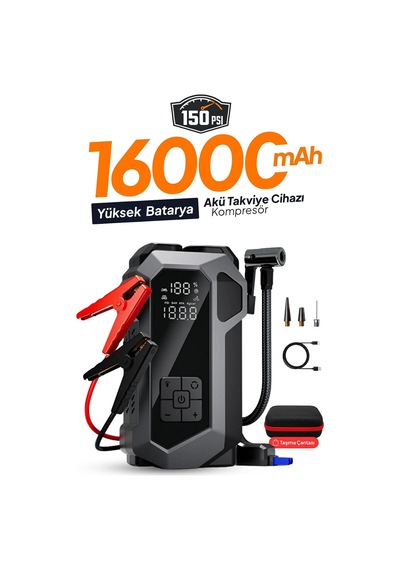 Tr Seyoni 4'ü 1 Arada Akü Takviye Cihazı, Powerbank, Hava Kompresörü, Led Fener, 16.000mah, 150psı, 12 Volt, 200 Am