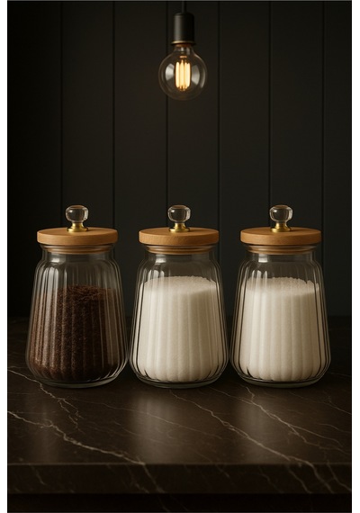 3 Lü Bambu Vakumlu Kapaklı Cam Çay Şeker Tuz Kavanoz Seti 750 Ml Bej Bej