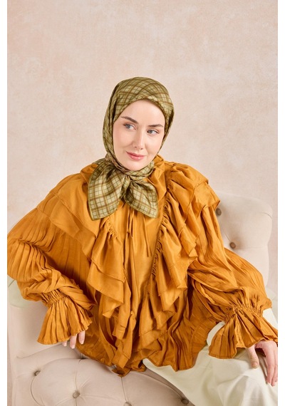 Silk Home Twill İpek Eşarp Ekose Yeşil Bej Çok Renkli