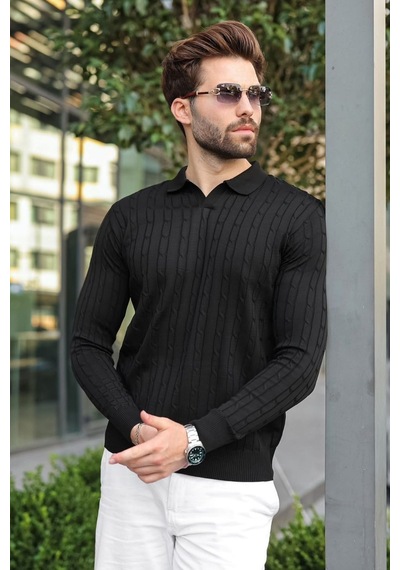 Madmext Siyah Polo Yaka Saç Örgü Desenli Erkek Triko Kazak E7519