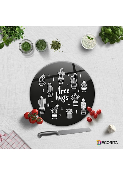 Decorita Cam Kesme Tahtası | Free Hugs - Siyah Fon | Çap32