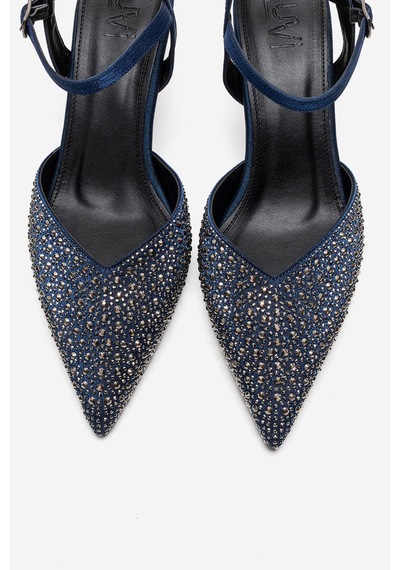 Luvishoes Vilka Lacivert Saten Taşlı Kadın Sivri Burun İnce Topuklu Abiye Ayakkabı
