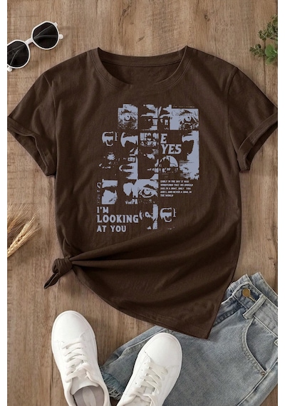 Unisex Looking Baskılı Oversize Tshirt Kahverengi