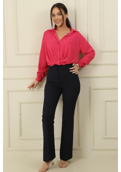 By Saygı Yüksek Bel Cepli En Boy Likra İspanyol Paça Pantolon-36202-lacivert Lacivert