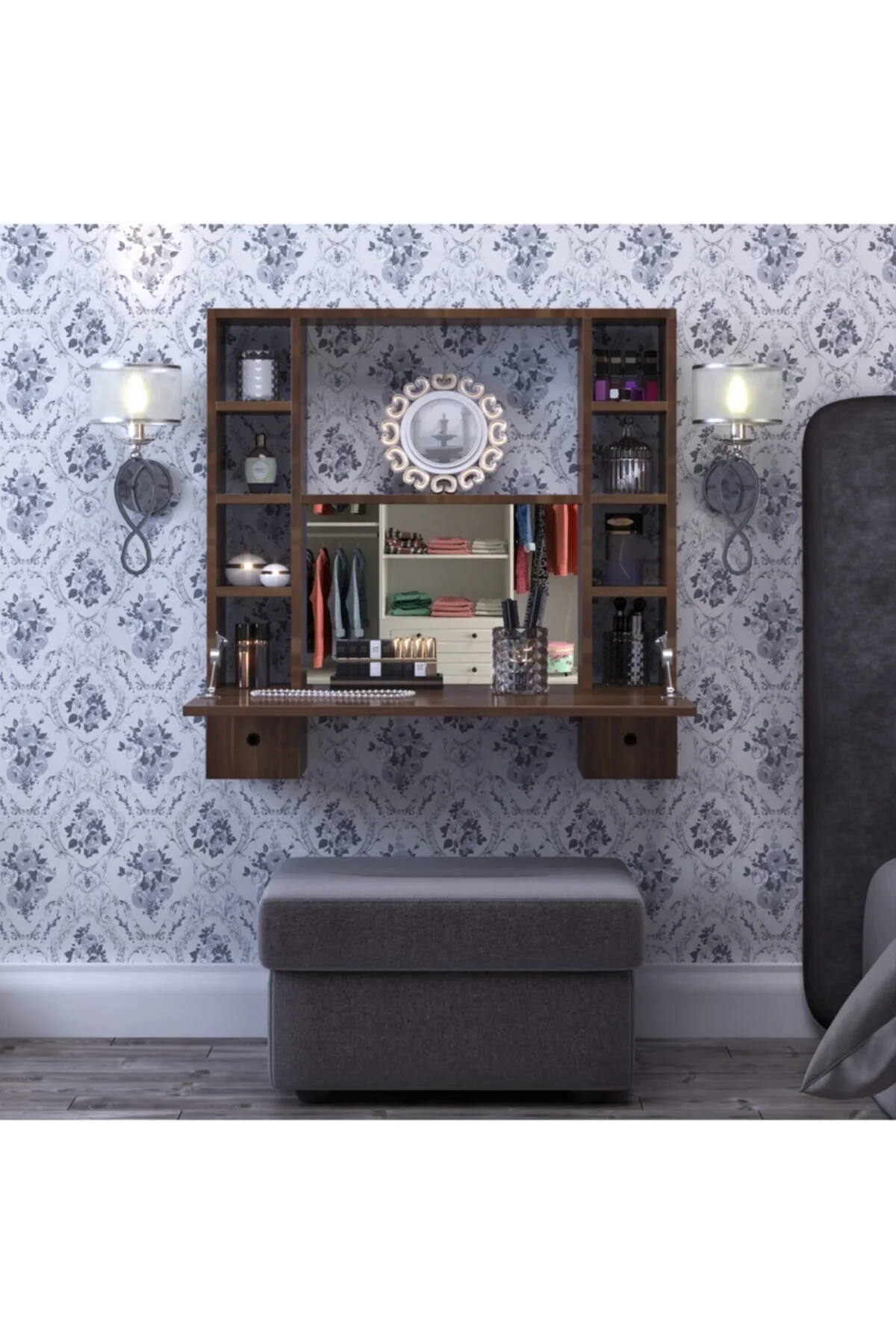 Matmazel Duvara Monte Katlanır Aynalı Makyaj Masası 90x90 Cm, Raflı Duvar Tipi Makyaj Masası Koyu Ceviz Matmazel Duvara Monte Katlanır Aynalı Makyaj Masası 90x90 Cm, Raflı Duvar Tipi Makyaj Masası Koyu Ceviz