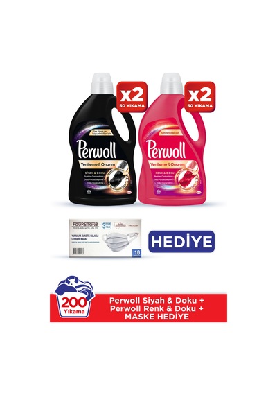 Perwoll Renkliler İçin Hassas Sıvı Çamaşır Deterjanı 50 Yıkama 2 x 3 L + Siyahlar için Sıvı Çamaşır Deterjanı 50 Yıkama 2 x 3 L + Maske 10 Adet
