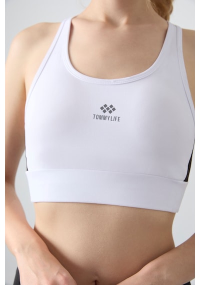 Tommy Life Beyaz Çapraz Sırt Detaylı Slim Fit U Yaka Pedli Kadın Spor Büstiyer - 97121 Beyaz