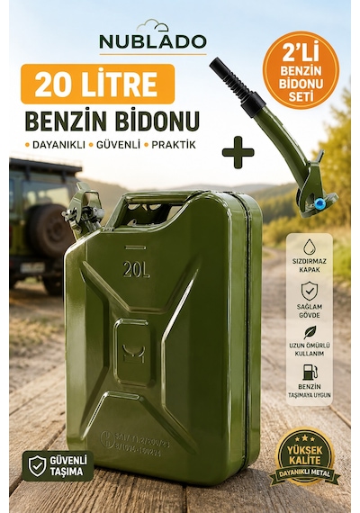 20 Litre Metal Benzin Bidonu 2 Li Set Sızdırmaz Kapaklı Akıtma Aparatlı Dayanıklyakıt Taşıma Bidonu