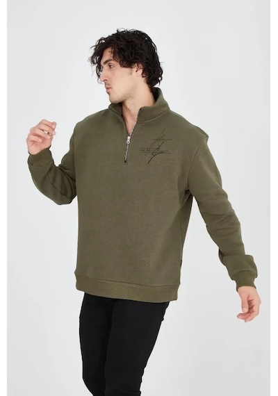 Veraura Lifestyle Erkek Yarım Fermuarlı Baskılı Sweat - Yeşil