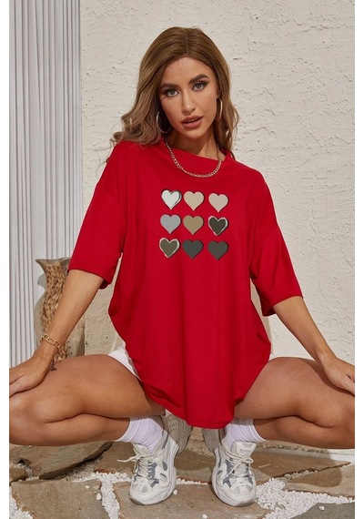 Unisex Kalp Baskılı T-shirt Kırmızı