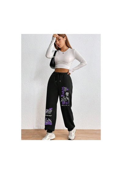 Tarzsokak Graphic Drawstring Waist 4 Mevsim Eşofman Siyah