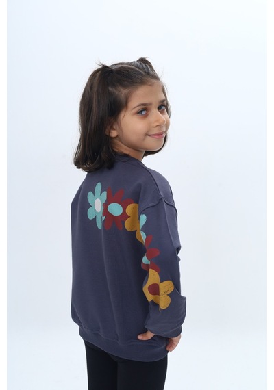 Toontoy Kız Çocuk Arka Kol Baskılı Çiçekli Sweatshirt Füme Melanj