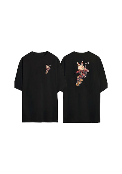 Thewert Unisex Samurai Rabbit With Skateboard Ön Arka Baskılı Sıyah Oversize T-shirt Siyah