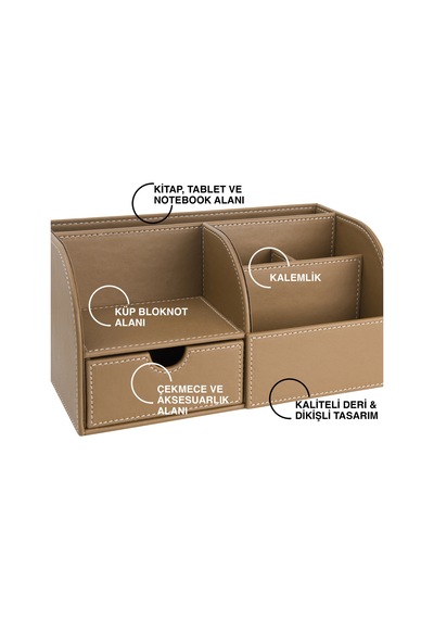 Masaüstü Düzenleyici,kalemlik,kumandalık,küpbloknotluk,tabletlik,kitaplık,6 Gözlü,çekmeceli,desktop Organizer,vegan,24,5 13 12 Vizon