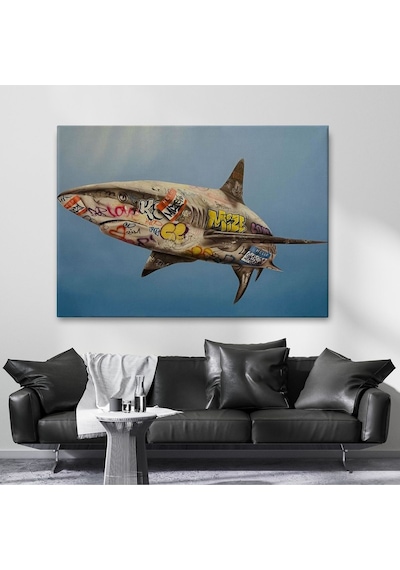 Es10 Özel Tasarım Graffiti Köpek Balığı Kanvas, Pop Art Tablo-5416 (125 x 210)