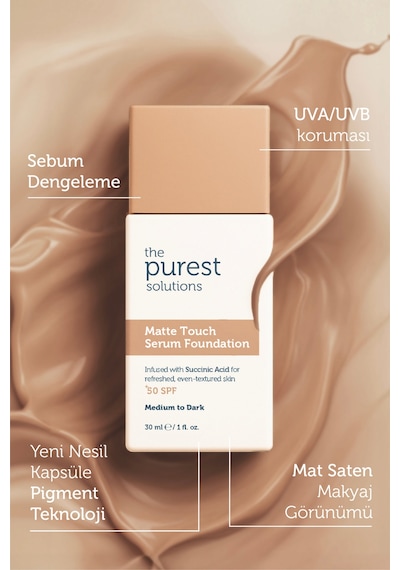 The Purest Solutions Sebum Dengeleyici & Matlaştırıcı Serum Fondöten SPF 50+, 30 ml – Orta / Koyu Ton