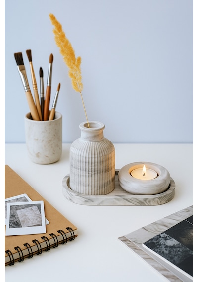 Seramik Vazo, Tealight Mumluk Ve Dekoratif Tepsi Seti - Beyaz Minimal Tasarım 29894909
