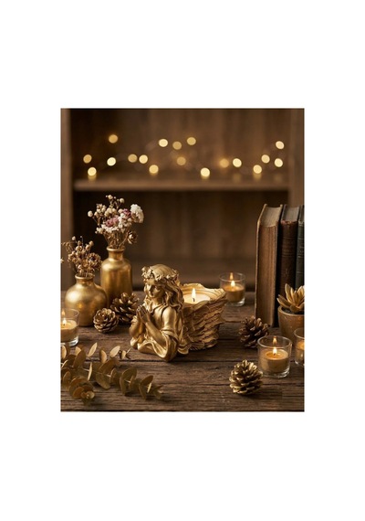 Golden Dua Eden Melek Figürlü Mumluk Tealight Mumluk Dekor Objesi Yeni Ev Hediyesi Altın