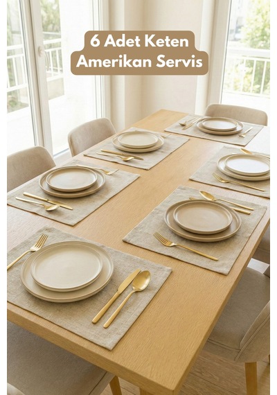 Lınen 6 Adet Organik Ham Yıkanmış Keten Amerikan Servis 35 X 45 Cm Sofra Sunum Seti Bej