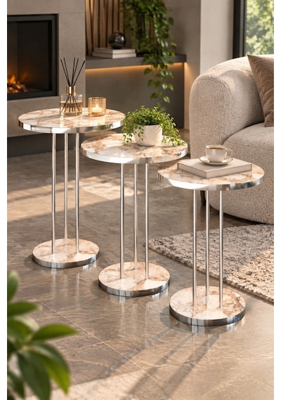 Sulorahome Gümüş Metal Ayaklı Efes Mermer Desenli 3'lü Zigon Sehpa Takımı Beyaz Mermer - Gümüş