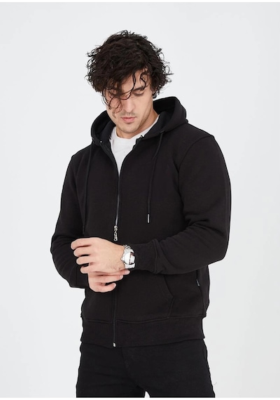 Erkek 3 İplik Pamuklu Kapüşonlu Tam Fermuarlı Cepli Hoodie Sweatshirt - Siyah