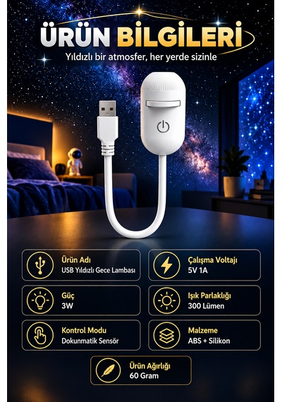 12 Projeksiyon Kartlı 2 Si 1 Arada Usb Gece Lambası Ve Yıldız Projektörü, Esnek Gövdeli Tavan Duvar Projeksiyon