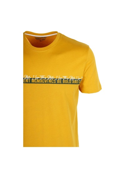 Erkek Hardal Slim Fit Bisiklet Yaka Baskılı %100 Pamuk Nokta Desenli T-shirt 1932-Hardal