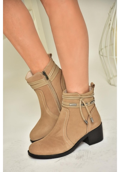Fox Shoes T555703303 Vizon Hakiki Deri Kalın Topuklu Kadın Bot Vizon