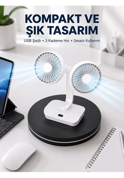Mey İthalat 720 Döner Çift Taraflı Masaüstü Vantilatör - Usb Şarjlı Sessiz Fan