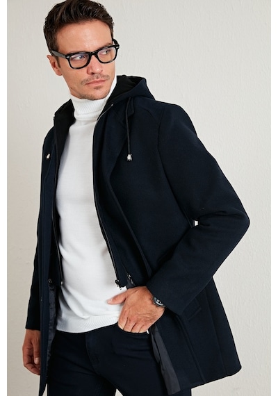 Buratti Çıkarılabilir Kapüşonlu Kırçıllı Slim Fit Kaşe Erkek Kaban 5841013 Lacivert