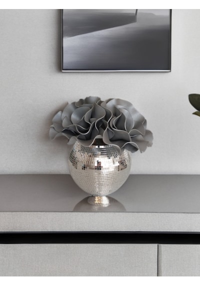 Işıltı Home Desing Aynalı Yuvarlak Cam Vazo Orta Boy Gri