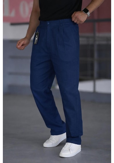 Bürke Çift Pileli Lacivert Beli Yarım Lastikli Kaliteli Keten Görünümlü Baggy Pantolon Bürke Çift Pileli Lacivert Beli Yarım Lastikli Kaliteli Keten Görünümlü Baggy Pantolon