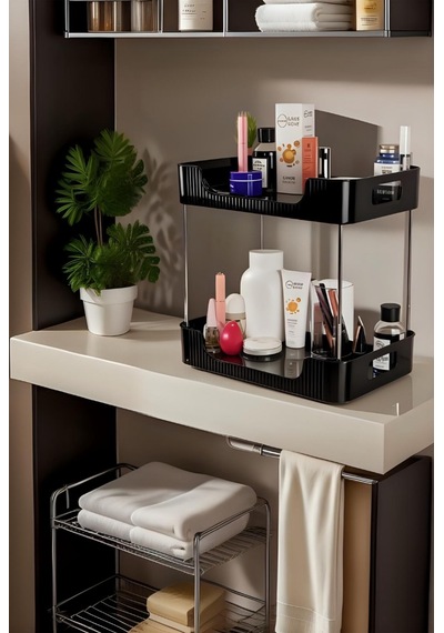 2 Katlı Çokamaçlı Düzenleyci Makyaj Düzenliyci Organizer Raf Plastik Siyah Tr Diğer